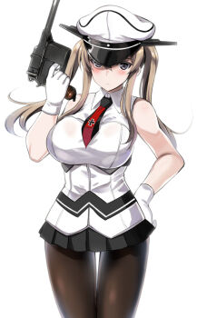1girl adapted_costume black_pantyhose black_skirt blush breasts closed_mouth collared_shirt cowboy_shot cross female_focus graf_zeppelin_(kancolle) gun hair_between_eyes hand_on_own_hip handgun hat holding holding_gun holding_weapon iron_cross kantai_collection kyogoku_shin large_breasts long_hair looking_at_viewer mauser_c96 miniskirt necktie pantyhose peaked_cap pleated_skirt purple_eyes red_necktie see-through_clothes serious shirt sidelocks simple_background skirt sleeveless sleeveless_shirt solo standing twintails weapon white_background white_hat wing_collar