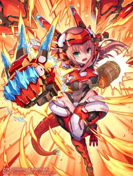 Rule 34 | 1girl, armor, black leotard, breasts, brown hair, copyright notice, covered navel, fire, green eyes, hair between eyes, headgear, kurashiki sera, leotard, long hair, mecha musume, nidy, official art, punching, red armor, red tail, solo, teeth, z/x