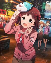 Rule 34 | amami haruka, brown hair, building, card (medium), faceless, fountain, green eyes, idolmaster, idolmaster million live!, idolmaster million live! theater days, japanese text, lamppost, mask, official art, open mouth, twintails