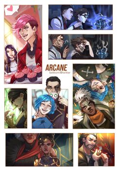 4boys 6+girls :d ambessa_(league_of_legends) arcane:_league_of_legends arcane_caitlyn arcane_jayce arcane_jinx arcane_vi arm_tattoo armor artist_name beard bekkomi brown_hair brown_jacket brown_shirt bullet caitlyn_(league_of_legends) character_name cherry cigarette cloud_tattoo copyright_name cup cupcake dark-skinned_female dark-skinned_male dark_skin detached_sleeves ekko_(league_of_legends) face_piercing facial_hair father_and_daughter firelight_ekko food from_side fruit grey_hair grin head_out_of_frame heart highres holding holding_cup holding_lighter instant_loss jacket jayce_(league_of_legends) jinx_(league_of_legends) league_of_legends lighter long_hair looking_at_viewer lying magic mask mel_(league_of_legends) mother_and_daughter multiple_boys multiple_girls neck_tattoo nose_piercing on_back open_clothes open_jacket open_mouth outside_border piercing pink_eyes pink_hair powder_(arcane) red_jacket red_scarf scar scar_across_eye scar_on_face scarf sevika_(arcane) shirt short_hair siblings silco_(arcane) sisters smile smoking_pipe spoilers spoken_heart striped_clothes striped_shirt tattoo teeth undercut unworn_mask upper_teeth_only vander_(arcane) vi_(league_of_legends) viktor_(arcane) viktor_(league_of_legends) warwick white_jacket