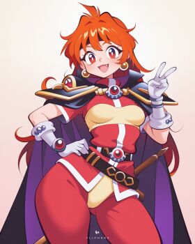 1girl :d artist_name bobbles breasts cameltoe cape commentary contrapposto earrings fang flipherrrr gloves gluteal_fold hand_on_own_hip highres jewelry lina_inverse long_hair looking_at_viewer open_mouth orange_hair simple_background slayers small_breasts smile solo v white_background white_gloves