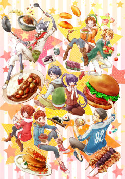 Rule 34 | 10s, 3girls, 5boys, akatsuki (log horizon), apple, bad id, bad pixiv id, blue hair, brown eyes, brown hair, cake, cake slice, candy, cat, chef, coat, cup, curry, curry rice, dango, donut, closed eyes, food, fruit, glasses, gloves, green tea, highres, hood, hoodie, isuzu (log horizon), jacket, ladle, log horizon, long hair, lunderhaus cord, minori (log horizon), multiple boys, multiple girls, naotsugu (log horizon), neko jita, noodles, nyanta (log horizon), onigiri, pancake, ponytail, purple eyes, purple hair, ramen, rice, sandwich, shiroe (log horizon), short hair, pancake stack, star (symbol), strawberry, strawberry shortcake, tea, touya (log horizon), wagashi, yunomi