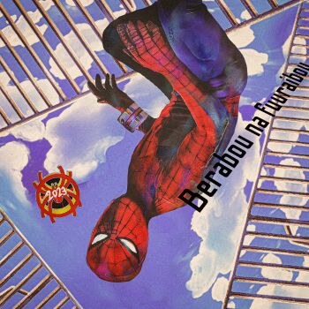 1boy 2023 animal_print artist_name blue_bodysuit blue_sky bodysuit bracelet cloud cloudy_sky commentary day feet_out_of_frame handrail highres jewelry looking_at_viewer male_focus marvel mask multicolored_bodysuit obakelope0530 outdoors print_bodysuit railing red_bodysuit red_mask sky solo spider-man spider-man_(series) spider-man_(toei) spider-verse spider_print spider_web_print squatting superhero_costume tokusatsu toned toned_male two-tone_bodysuit upside-down yamashiro_takuya