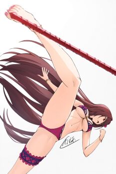 Rule 34 | 1girl, bare shoulders, barefoot, bikini, breasts, cleavage, fate/grand order, fate (series), flower, gae bolg (fate), hair flower, hair ornament, highres, kamo ashi, large breasts, long hair, navel, open mouth, pink bikini, polearm, purple hair, red eyes, scathach (fate), scathach (fate/grand order), scathach (swimsuit assassin) (fate), solo, spear, swimsuit, underboob, weapon