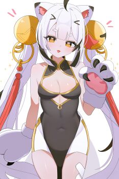 Rule 34 | 1girl, :3, absurdres, ahoge, animal ears, animal hands, bare shoulders, bell, breasts, chinese clothes, covered navel, cowboy shot, hashtag-only commentary, highres, shusuchii, simple background, small breasts, solo, stella sora, thighs, twintails, white background, white hair, yellow eyes