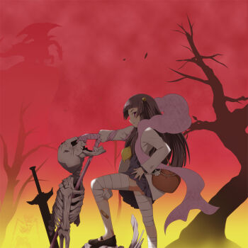 1girl bandages black_hair female_focus hagoromo hell highres horns jacket kami_nomi_zo_shiru_sekai long_hair lune_(kaminomi) outdoors purple_eyes school_uniform serafuku shawl skeleton skirt skull sky solo yuto_(dialique)