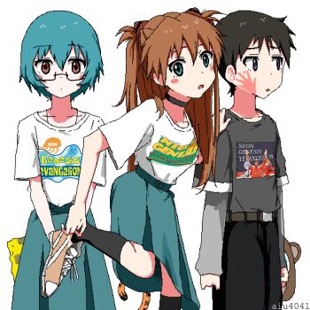 1boy 2girls aiu404l aqua_hair ayanami_rei black_choker black_pants blue_eyes blue_hair blue_skirt blush_stickers choker closed_mouth collarbone dot_mouth dot_nose foot_up garfield garfield_(character) glasses green_hair green_skirt highres ikari_shinji kanye_west leg_up logo_parody looking_at_viewer looking_away multiple_boys multiple_girls neon_genesis_evangelion oekaki pants parody simple_background skirt souryuu_asuka_langley spongebob_squarepants spongebob_squarepants_(series) standing when_you_see_it white_background