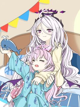 2girls ahoge barusa_miko black_halo blue_archive breasts commentary_request demon_girl demon_horns demon_wings halo hina_(blue_archive) horns hoshino_(blue_archive) indoors long_hair low_wings multiple_girls on_bed open_mouth pajamas pink_hair pink_halo purple_eyes sitting small_breasts very_long_hair white_hair wings