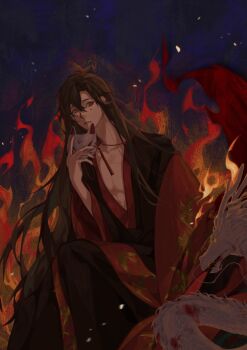 1boy absurdres alternate_hairstyle bishounen black_hair black_hanfu brown_hair chinese_clothes chinese_commentary coat commentary_request diaomaoxiaoheidaoliangquanban dragon eastern_dragon facial_mark fire fox_mask hair_between_eyes hair_down hanfu highres holding holding_mask implied_yaoi long_hair long_sleeves looking_at_viewer male_focus mask modao_zushi official_alternate_costume open_clothes open_coat parted_lips pectoral_cleavage pectorals red_coat red_eyes red_ribbon red_sash ribbon robe sash sitting solo unworn_mask very_long_hair wei_wuxian white_dragon wide_sleeves