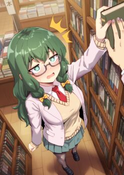 1boy 1girl @_@ aqua_eyes aqua_skirt blush book bookshelf bow collared_shirt commentary_request flustered from_above glasses green_hair hair_bow highres indoors jacket lapels library long_hair mengnaidu necktie open_mouth original pantyhose pleated_skirt pov pov_hands red_necktie semi-rimless_eyewear shirt skirt surprised sweatdrop v-neck white_jacket wooden_floor yellow_bow
