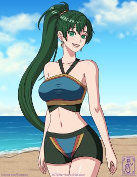 1girl ahoge armpit_crease arms_at_sides artist_logo beach boyshort_panties bra breasts collarbone day earrings female_focus fingernails fire_emblem fire_emblem_warriors green_eyes green_hair halterneck happy highres intelligent_systems jewelry legs lips logo long_hair looking_at_viewer lyn_(fire_emblem) matching_hair/eyes matching_underwear medium_breasts midriff navel neck nintendo ocean official_alternate_costume official_underwear outdoors panties parted_lips patreon_username ponytail print_bra print_panties shiny_skin sidelocks sky smile sokloeum sports_bra standing stomach thighs turning_head twitter_username underwear underwear_only