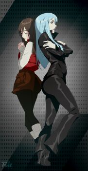2girls absurdres ass atlus blue_eyes blue_hair bodysuit breasts brown_hair closed_eyes closed_mouth devil_summoner:_soul_hackers devil_summoner_(series) high_heels highres lipstick makeup multiple_girls nemissa purple_lips r3dfive shin_megami_tensei tono_hitomi