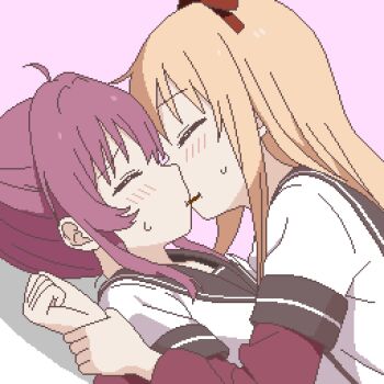 2girls blonde_hair blush closed_eyes commentary_request dress food highres layered_sleeves long_hair long_sleeves multiple_girls nanamori_school_uniform pixel_art pocky pocky_kiss purple_background school_uniform shared_food short_over_long_sleeves short_sleeves simple_background sugiura_ayano sweat toshinou_kyouko white_dress yuri yuru_kaze yuruyuri