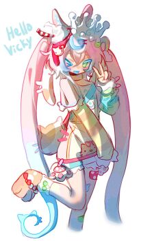 1girl animal_shoes brown_shoes cloud_(lufaeris) colored_eyelashes commentary cropped_legs crown double-parted_bangs english_commentary green_eyes hair_between_eyes hair_ornament highres long_sleeves looking_at_viewer one_eye_closed open_mouth original pink_hair rainbow_hair_ornament shirt shoes simple_background sketch smile solo twintails v white_background yellow_shirt