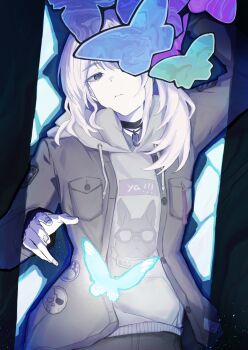 Rule 34 | 1girl, black choker, black jacket, bug, butterfly, choker, commentary request, earclip, girls band cry, grey eyes, grey hair, grey hoodie, highres, hood, hood down, hoodie, insect, jacket, kawaragi momoka, long hair, looking at viewer, lying, n nai nai n, on back, open clothes, open jacket, parted lips, solo