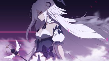 1girl artist_name bare_shoulders blue_archive commentary_request crescent crescent_hair_ornament dress earrings expressionless hair_ornament halo head_wings highres holding holding_staff jewelry long_hair looking_at_viewer mage_staff magical_girl meruki official_alternate_costume red_eyes scene_reference shaded_face signature single_head_wing solo staff star_(symbol) star_earrings strapless strapless_dress suzumi_(blue_archive) suzumi_(magical)_(blue_archive) upper_body very_long_hair white_dress white_hair wings