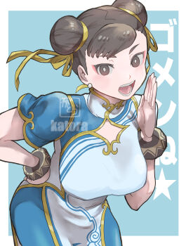 1girl absurdres blue_leggings border bracelet breasts brown_eyes brown_hair capcom china_dress chinese_clothes chun-li commentary_request cowboy_shot double_bun dress earrings gold_trim hair_bun hair_ribbon hand_on_own_hip highres jewelry k_katora large_breasts leggings looking_at_viewer open_mouth outside_border pearl_earrings ribbon short_sleeves solo street_fighter street_fighter_6 white_border yellow_ribbon