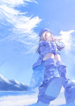 1girl absurdres black_hair blonde_hair blue_sky boots cloud coat commentary_request day dnamaguro elbows_on_knees floating_hair from_below gakuen_idolmaster gradient_hair grass grey_boots grey_coat grey_hat hair_ornament hairclip halo hands_on_own_cheeks hands_on_own_face hat head_rest highres idolmaster knee_boots long_hair looking_ahead mountainous_horizon multicolored_hair open_mouth orange_eyes parallel_hairclips parted_bangs shinosawa_hiro sitting sky snow solo white_halo white_wings wind wings