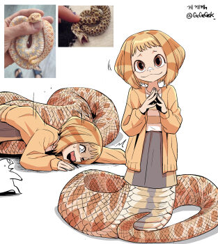 artist_name brown_eyes creature_and_personification gegegekman highres lamia looking_at_viewer monster_girl multicolored_hair open_mouth original personification photo_inset playing_dead reference_inset scales short_hair signature simple_background skirt snake striped_hair sweater tail white_background