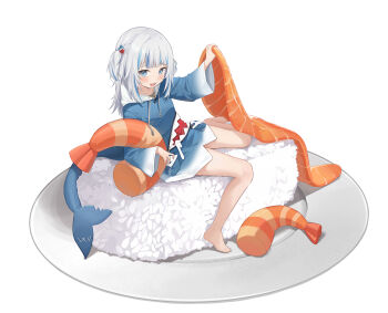 1girl :d baefoot barefoot blue_eyes blue_hair blue_jacket blue_tail blush chinese_commentary commentary_request feet fins fish_tail full_body gawr_gura highres hololive hololive_english hood hood_down jacket long_hair looking_at_viewer midori_fufu multicolored_hair open_mouth oversized_object plate shark_girl shark_tail sharp_teeth simple_background sitting smile solo streaked_hair tail teeth two_side_up upper_teeth_only virtual_youtuber white_background white_hair