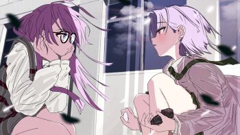 2girls bang_dream! bang_dream!_it's_mygo!!!!! blue_eyes brown_eyes chihaya_anon closed_mouth commentary dress floating_neckwear glasses grey_dress grey_hair grey_jacket hands_on_own_cheeks hands_on_own_face haneoka_school_uniform hashtag-only_commentary highres jacket long_hair long_sleeves looking_at_another multiple_girls open_mouth peke_(pekeiscat) pinafore_dress pink_hair rock school_uniform shirt short_hair sleeveless sleeveless_dress squatting takamatsu_tomori white_shirt