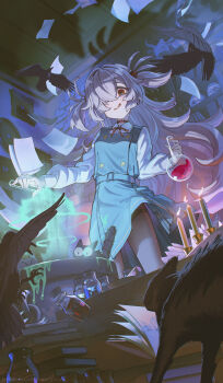 1girl absurdres bird black_cat black_pantyhose blue_archive book bookshelf brown_ribbon candle cat cauldron crow diagonal-striped_ribbon dress eyeball_hair_ornament flask hair_over_one_eye halo highres hironii_(hironi3) holding holding_flask kanoe_(blue_archive) panties pantyhose pantyshot paper pinafore_dress ribbon round-bottom_flask scar scar_on_neck shirt sleeveless sleeveless_dress smile solo two_side_up underwear white_shirt wind wind_lift