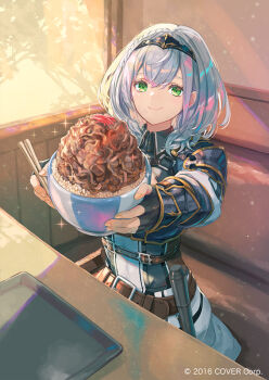 armor armored_dress belt belt_pouch bisaiiiii black_gloves bowl brown_belt chopsticks cleavage_cutout closed_mouth clothing_cutout collared_dress commentary_request copyright_notice crossed_bangs double-parted_bangs dress fingerless_gloves food gloves green_eyes grey_hair gyuudon hair_between_eyes hairband half_crown_braid holding holding_bowl holding_chopsticks hololive indoors leather_belt looking_at_viewer medium_hair official_art outstretched_arm pauldrons pouch restaurant shirogane_noel shirogane_noel_(1st_costume) shoulder_armor single_pauldron smile vambraces virtual_youtuber wavy_hair