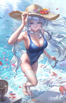 1girl absurdres blue_eyes blue_hair blue_one-piece_swimsuit bobadd breasts chalice chinese_commentary cleavage commentary_request cup flower hat hat_flower highleg highleg_one-piece_swimsuit highres holding holding_removed_eyewear long_hair looking_at_viewer medium_breasts one-piece_swimsuit original petals shawl solo straw_hat sun_hat sunglasses swimsuit thighhighs unworn_eyewear wading water wet wet_clothes white_shawl white_thighhighs