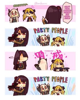 3girls artist_request assault_rifle bullpup dancing english_text girls'_frontline gun hard-translated looking_back m4_carbine m4_sopmod_ii_(girls'_frontline) machine_pistol multiple_girls party personal_defense_weapon rifle skorpion_(girls'_frontline) skorpion_vz._61 sniper sniper_rifle speech_bubble submachine_gun third-party_edit wa2000_(girls'_frontline) walther walther_wa_2000 weapon