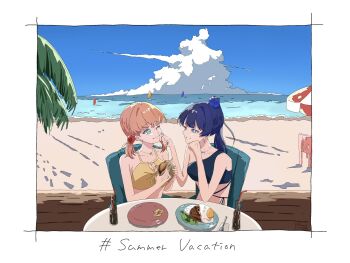 Rule 34 | 2girls, :d, ;), alternate costume, bare shoulders, beach, bikini, black bikini, blue eyes, blue flower, blue hair, breasts, chair, cleavage, cleavage cutout, clothing cutout, cloud, cola, collarbone, commentary, cumulonimbus cloud, drinking straw, earrings, eye contact, flower, footprints, freshfish, fried egg, glass bottle, grin, hair flower, hair ornament, hamburger steak, hand on own cheek, hand on own face, hibiscus, high ponytail, highres, hinoshita kaho, horizon, jewelry, large breasts, link! like! love live!, looking at another, love live!, multiple girls, murano sayaka, official alternate costume, on chair, one eye closed, open mouth, outdoors, ponytail, red flower, round table, single-shoulder bikini, sitting, smile, swimsuit, table, virtual youtuber, wiping face, yellow bikini, yuri