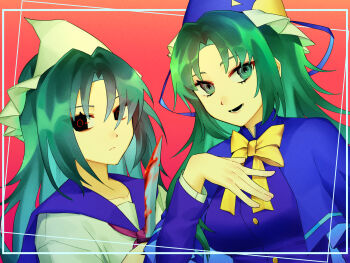 Rule 34 | 2girls, black eyes, blood, bloody knife, blue capelet, blue dress, blue hat, blue ribbon, blue sailor collar, bow, bowtie, buttons, capelet, closed mouth, collared capelet, dress, dual persona, expressionless, eyelashes, frown, glowing, glowing eyes, gradient background, green eyes, green hair, hand on own chest, happy, hat, hat ribbon, high collar, highly responsive to prayers, highres, holding, holding knife, knife, layered sleeves, lips, long hair, long sleeves, lower teeth only, mima (touhou), multiple girls, neckerchief, open mouth, parted bangs, pink lips, re1re133, red background, red neckerchief, ribbon, ringed eyes, sailor collar, school uniform, serafuku, shirt, short sleeves, smile, story of eastern wonderland, sun print, teeth, touhou, touhou (pc-98), triangular headpiece, tsurime, upper body, very long hair, white shirt, yellow bow, yellow bowtie