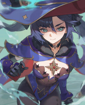 1girl absurdres black_choker black_gloves black_hair blue_hat blue_leotard bodystocking breasts breasts_apart brooch capelet choker closed_mouth commentary_request cowboy_shot floating_hair fur_collar genshin_impact gloves green_eyes hair_between_eyes hat highres hydrokinesis jewelry leotard long_hair looking_at_viewer medium_breasts mona_(genshin_impact) shali smile solo star_(symbol) star_brooch star_choker twintails very_long_hair water witch_hat