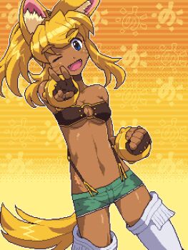 1girl :d animal_ear_fluff animal_ears aqua_shorts blonde_hair blue_eyes bracelet breasts clenched_hand dark-skinned_female dark_skin dithering facial_mark fangs fingerless_gloves gloves gold_bracelet jewelry lillithlauda liru looking_at_viewer medium_breasts navel o-ring o-ring_top one_eye_closed open_mouth pixel_art ponytail renkin_san-kyuu_magical_pokaan short_shorts shorts sidelocks smile solo strapless tail thighhighs tube_top v wolf_ears wolf_tail