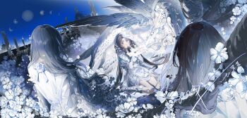 1girl 2others absurdres black_gloves black_hair boots brown_eyes brown_hair building dress feathered_wings flower gloves highres long_hair long_sleeves looking_at_another moon_phases multiple_others night original outdoors own_hands_clasped own_hands_together parted_bangs parted_lips sample_watermark sidelocks sitting sky surprised very_long_hair wariza watermark white_boots white_dress white_flower white_wings wings yan_tu_ni_sheng