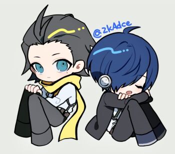 Rule 34 | 2boys, ahoge, aqua eyes, belt, black belt, black jacket, black pants, black trim, blue hair, brown belt, closed mouth, deformed, gekkoukan high school uniform, grey background, grey hair, hair slicked back, hand on own knee, headphones, invisible chair, jacket, long sleeves, male focus, mochizuki ryouji, mole, mole under eye, multiple boys, open mouth, pants, parted bangs, persona, persona 3, scarf, school uniform, shirt, short hair, sitting, suspenders, twitter username, white shirt, yellow scarf, yuuki makoto (persona 3), zeka (skzk cm)