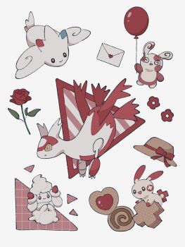 :o @_@ alcremie alcremie_(strawberry_sweet) balloon bow closed_mouth cookie dot_nose envelope flower food gen_3_pokemon gen_4_pokemon gen_8_pokemon hat hat_bow hat_ribbon heart heart-shaped_cookie heart-shaped_food heart_seal highres holding holding_balloon latias legendary_pokemon nintendo no_humans own_hands_together parted_lips plus_sign plusle pokemon pokemon_(creature) pokemon_focus red_bow red_flower red_ribbon red_theme ribbon smile smprfms spinda thumbprint_cookie togekiss yellow_eyes