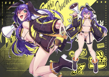 1girl absurdres ahoge animal_ears bikini black_boots black_jacket blush boots breasts collarbone covered_erect_nipples english_text green_eyes high_heel_boots high_heels highres holding holding_megaphone idolmaster idolmaster_million_live! jacket long_hair long_sleeves medium_breasts megaphone micro_bikini mochizuki_anna multiple_views open_clothes open_jacket open_mouth purple_hair rabbit_ears shennai_misha standing swimsuit tattoo thigh_strap v white_bikini