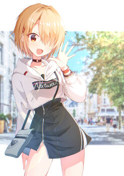 1girl :d alternate_costume arm_at_side bag black_choker black_skirt blonde_hair blurry blurry_background blush bracelet casual choker collarbone commentary_request cowboy_shot day hair_intakes hair_ornament hair_over_one_eye hairclip hand_up handbag happy heaven_burns_red high-waist_skirt highres hood hood_down hoodie jewelry kayamori_ruka letterboxed long_bangs long_sleeves looking_at_viewer o-ring o-ring_choker one_eye_covered open_mouth outdoors outstretched_hand parallel_hairclips photo_background puffy_long_sleeves puffy_sleeves red_eyes short_hair skirt smile solo watermark waving white_hoodie xdjf63qbpt0iqmj