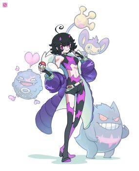 1girl ahoge aipom alternate_costume asymmetrical_clothes belt black_boots black_gloves black_hair black_pants boots coat colored_sclera crop_top deadslug demon_horns detached_pants fangs fingerless_gloves fur-trimmed_coat fur-trimmed_collar fur_trim gen_1_pokemon gen_2_pokemon gengar gloves grin hand_to_own_mouth hands_up heart high_heel_boots high_heels highres holding holding_poke_ball horns huge_ahoge koffing long_sleeves mega_gengar mega_pokemon midriff mona_(deadslug) monkey nintendo no_sclera off_shoulder on_shoulder open_mouth original pants poke_ball poke_ball_(basic) pokemon pokemon_(creature) pokemon_on_shoulder puffy_coat puffy_long_sleeves puffy_sleeves purple_coat purple_eyes purple_horns purple_pants red_sclera ringed_eyes scar scar_on_arm scar_on_shoulder scar_on_stomach short_hair single_pantsleg sleeveless smile solo_focus thigh_boots two-tone_pants