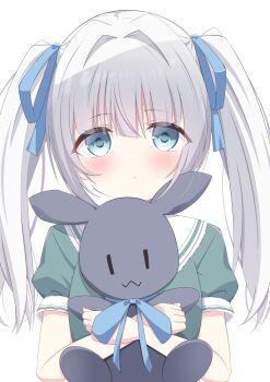 1girl aqua_eyes blue_ribbon blunt_bangs blush closed_mouth commentary_request dress green_dress grey_hair hair_intakes hair_ribbon highres holding holding_stuffed_toy hugging_object long_hair looking_at_viewer original puffy_short_sleeves puffy_sleeves ribbon sailor_collar short_sleeves simple_background solo stuffed_animal stuffed_rabbit stuffed_toy suzunashi_rei tareme twintails upper_body white_background white_sailor_collar