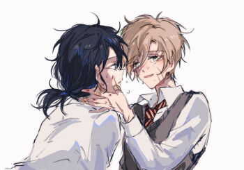 2boys black_hair brown_hair collar crying eyelashes face-to-face facial_scar hair_between_eyes harry_potter_(series) looking_at_another male_focus messy_hair multiple_boys multiple_scars necktie parted_lips pixiv_id_7170486 ponytail remus_lupin scar scar_on_cheek scar_on_face school_uniform shirt short_ponytail simple_background sirius_black teardrop tears vest white_background white_shirt wing_collar wizarding_world yaoi