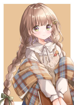 1girl blush braid brown_hair green_eyes hair_ornament hairclip highres hoshiibara_mato long_hair looking_at_viewer original shawl smile solo twin_braids upper_body