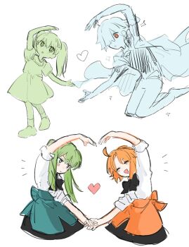 1other 2girls aged_down arms_up black_bow bow closed_eyes commentary_request fate/grand_order fate_(series) green_eyes green_hair heart heart_arms heart_arms_duo hibino_hibiki highres kanoko_iii katsuragi_chikagi mahou_tsukai_no_hako multiple_girls open_mouth orange_hair shirt sirius_(fate) smile twintails white_shirt