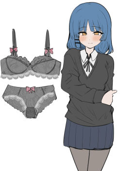1girl absurdres black_bra black_panties black_pantyhose black_ribbon black_sweater blue_hair blush bocchi_the_rock! bow bow_bra bow_panties bra commentary_request cowboy_shot dot_nose hair_ornament hairclip hand_on_own_hip highres looking_at_viewer panties pantyhose parallel_hairclips ribbon school_uniform shirt solo standing straight-on sunya_(honorin-yuunibo) sweater underwear white_background white_shirt yamada_ryo yellow_eyes