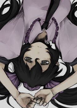 1girl black_hair female_focus grey_eyes hair_ribbon hat hata-tan_(rui_(hershe)) himekaidou_hatate long_hair necktie ofuro_mantarou ribbon solo tokin_hat touhou twintails