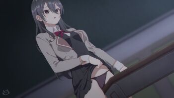 1girl artist_logo black_hair black_panties blurry blurry_background breasts chalkboard classroom clothes_lift commentary dutch_angle female_masturbation furrowed_brow grey_hair grinding hair_between_eyes highres indoors keihh kimishima_ayano lapels logo long_hair long_sleeves masturbation masturbation_through_clothes medium_breasts notched_lapels panties parted_lips purple_eyes school_uniform seiren_academy_school_uniform skirt skirt_lift sleeve_cuffs solo string_panties symbol-only_commentary thighs tokidoki_bosotto_roshia-go_de_dereru_tonari_no_alya-san underwear