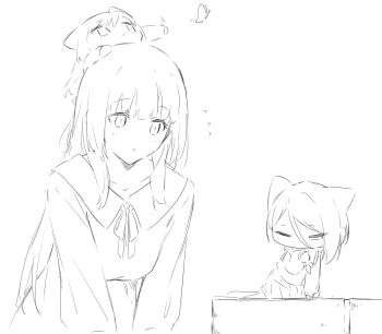 Rule 34 | 3girls, animal ears, bang dream!, bang dream! girls band party!, blush, bug, butterfly, cat ears, cat girl, cat tail, chibi, greyscale, hair between eyes, highres, insect, kanade (kanade 3344), long hair, long hair between eyes, minato yukina, monochrome, multiple girls, open mouth, school uniform, shirokane rinko, simple background, tail, tsukinomori school uniform, white background, yashio rui