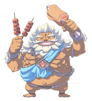 Rule 34 | 1boy, absurdres, barefoot, beard, boned meat, chain, closed eyes, commentary request, daruk, facial hair, facing viewer, food, full beard, goron, grin, highres, holding, holding food, holding skewer, male focus, meat, nintendo, simple background, skewer, smile, solo, standing, the legend of zelda, the legend of zelda: breath of the wild, tomo.puri, watermark, white background, white hair