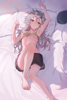 1girl absurdres arms_up bed_invitation bedroom black_shorts breasts commentary curtained_hair eiyuu_densetsu english_commentary fie_claussell floating_hair green_eyes highres k_hannah kuro_no_kiseki_(series) kuro_no_kiseki_i legs looking_at_viewer on_bed pajamas sen_no_kiseki sen_no_kiseki_(series) sen_no_kiseki_ii short_shorts shorts small_breasts tank_top white_hair