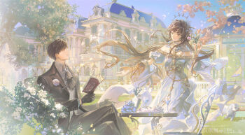 1boy 1girl alcohol ascot baby_animal bare_shoulders bishounen black_ascot black_eyes black_hair black_jacket black_pants black_suit blazer book bracelet breast_pocket brooch brown_eyes brown_hair bush buttons cangchen cape chair cherry_blossoms chinese_commentary collared_jacket collared_shirt commentary_request crossed_legs cup day detached_sleeves dress dress_pants drinking_glass eyelashes falling_petals feet_out_of_frame floating_clothes floating_hair flower flower_brooch food formal_clothes fruit garden gold_bracelet grapes grass grey_shirt halo halo_behind_head highres holding holding_book holding_flower jacket jewelry lamb lapels layered_sleeves light_particles long_hair long_sleeves looking_at_another mansion necklace notched_lapels off-shoulder_dress off_shoulder offering_hand offering_hand_to_another on_chair open_book open_clothes open_jacket original outdoors outstretched_hand pants parted_bangs pavilion petals pink_flower pink_rose pocket puffy_short_sleeves puffy_sleeves reading rose sample_watermark sheep shirt short_hair short_sleeves sitting spiked_halo spring_(season) suit table tree tulip very_long_hair watermark wavy_hair white_cape white_dress white_sleeves wide_sleeves wine wine_glass yellow_halo